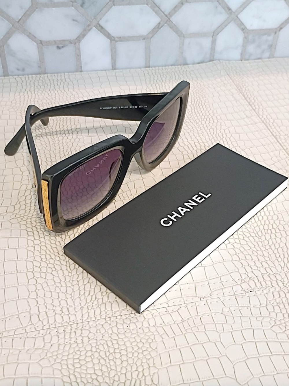 New Chanel 5435 C.501/6G Black/Gold, Grey Gradient Lens RECTANGLE SUNGLASSES .